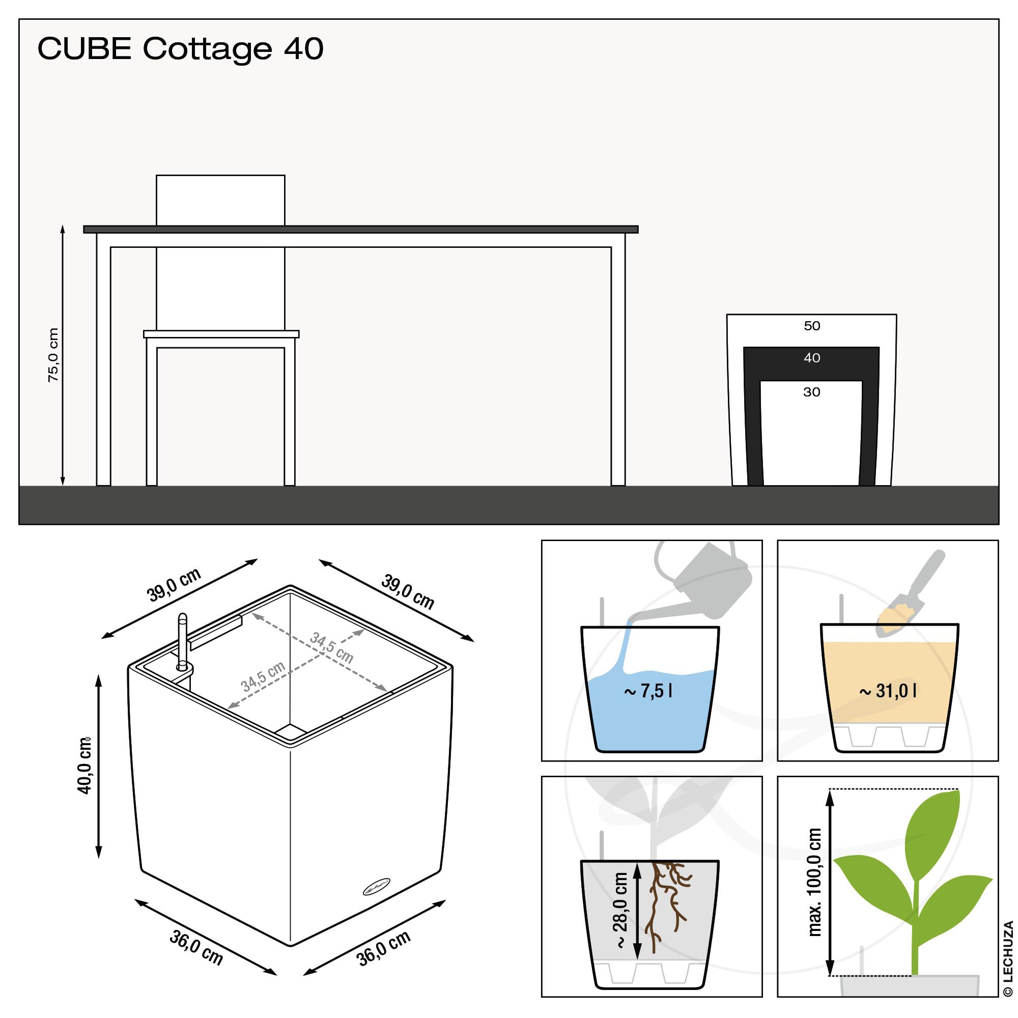 Lechuza CUBE Cottage 40 Self-Watering Square Planter - Rattan White