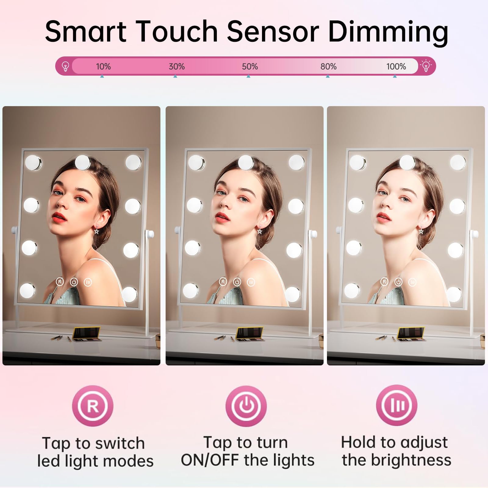 FUNTOUCH Hollywood Vanity Mirror with 9 LED Bulbs | 3 Color Modes, White
