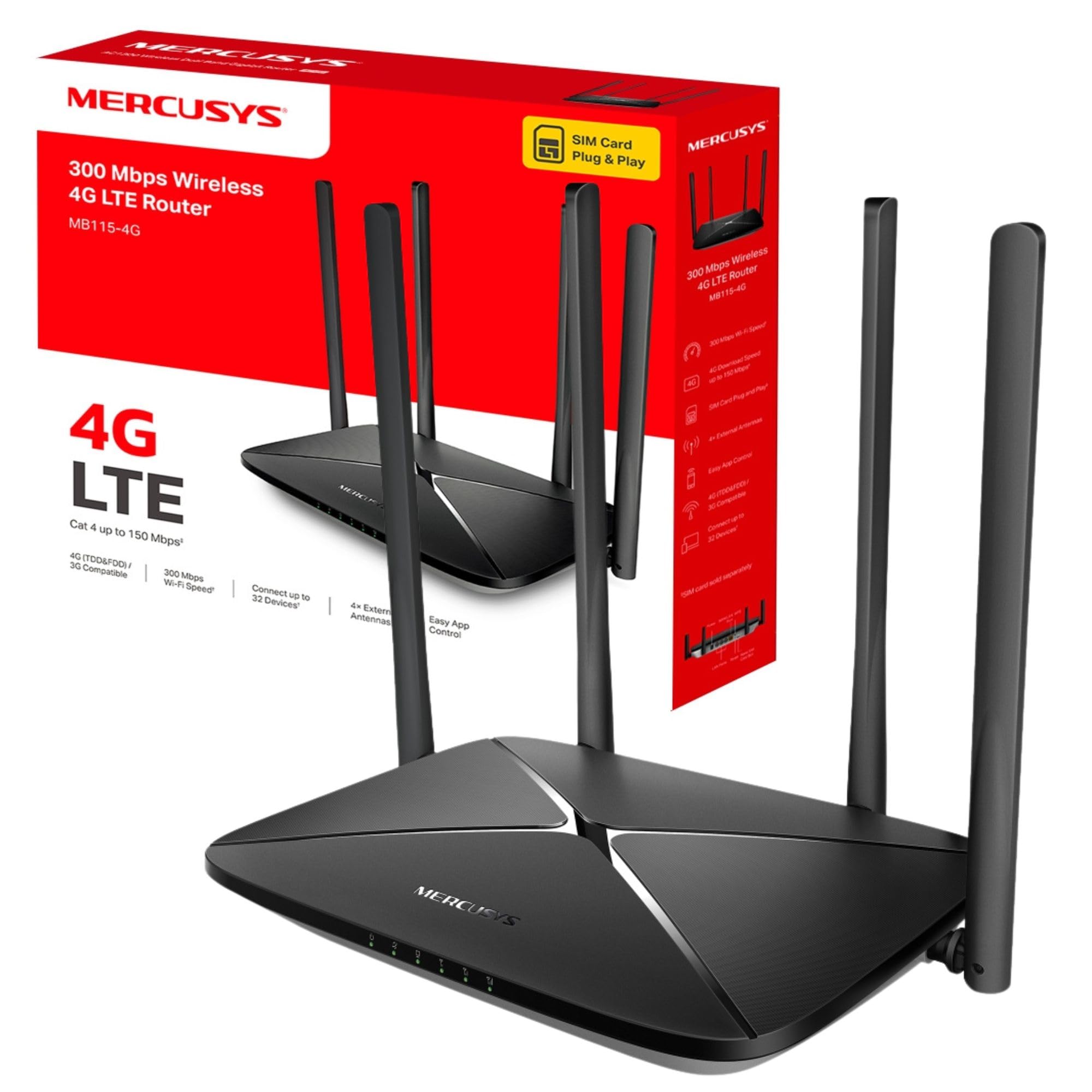 MERCUSYS MB115-4G 300 Mbps 4G LTE Router with SIM Slot | 4 Antennas