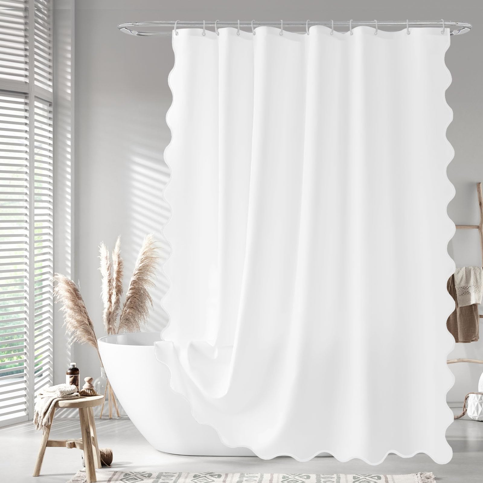 Seasonwood White Scalloped Fabric Shower Curtain - 72 x 72 Inches