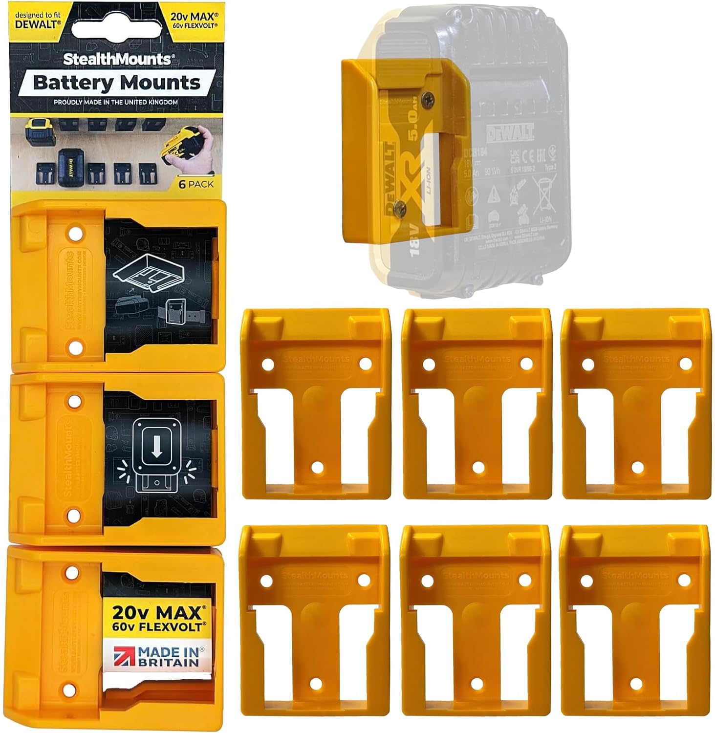 StealthMounts Yellow Battery Mounts for DeWalt - 6 Pack Tool Storage