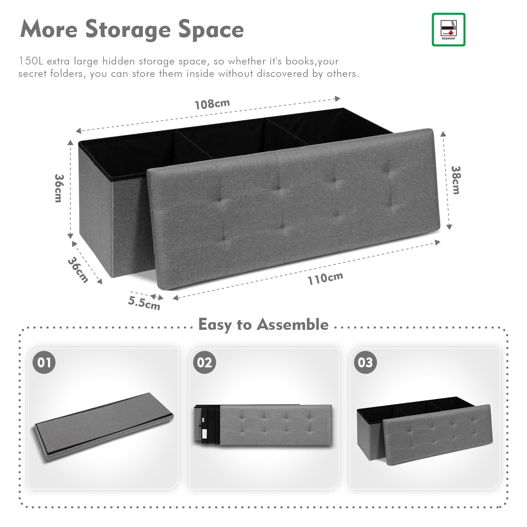 Bonlife Grey Extra Large Folding Storage Ottoman Bench | 110cm Toy Chest