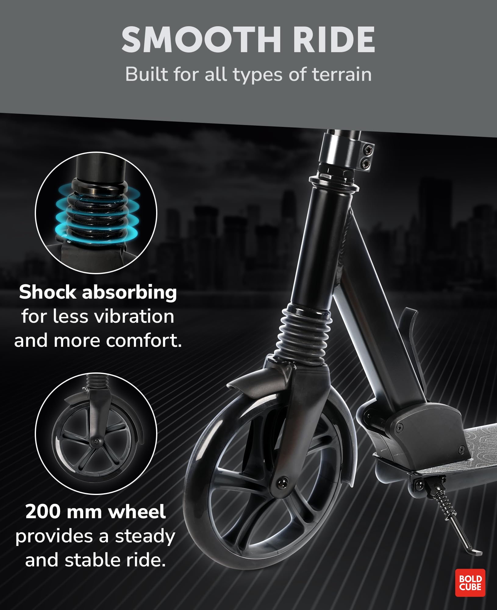 BOLDCUBE Big 2 Wheel Scooter - Foldable Commuter for Kids & Teens - Charcoal