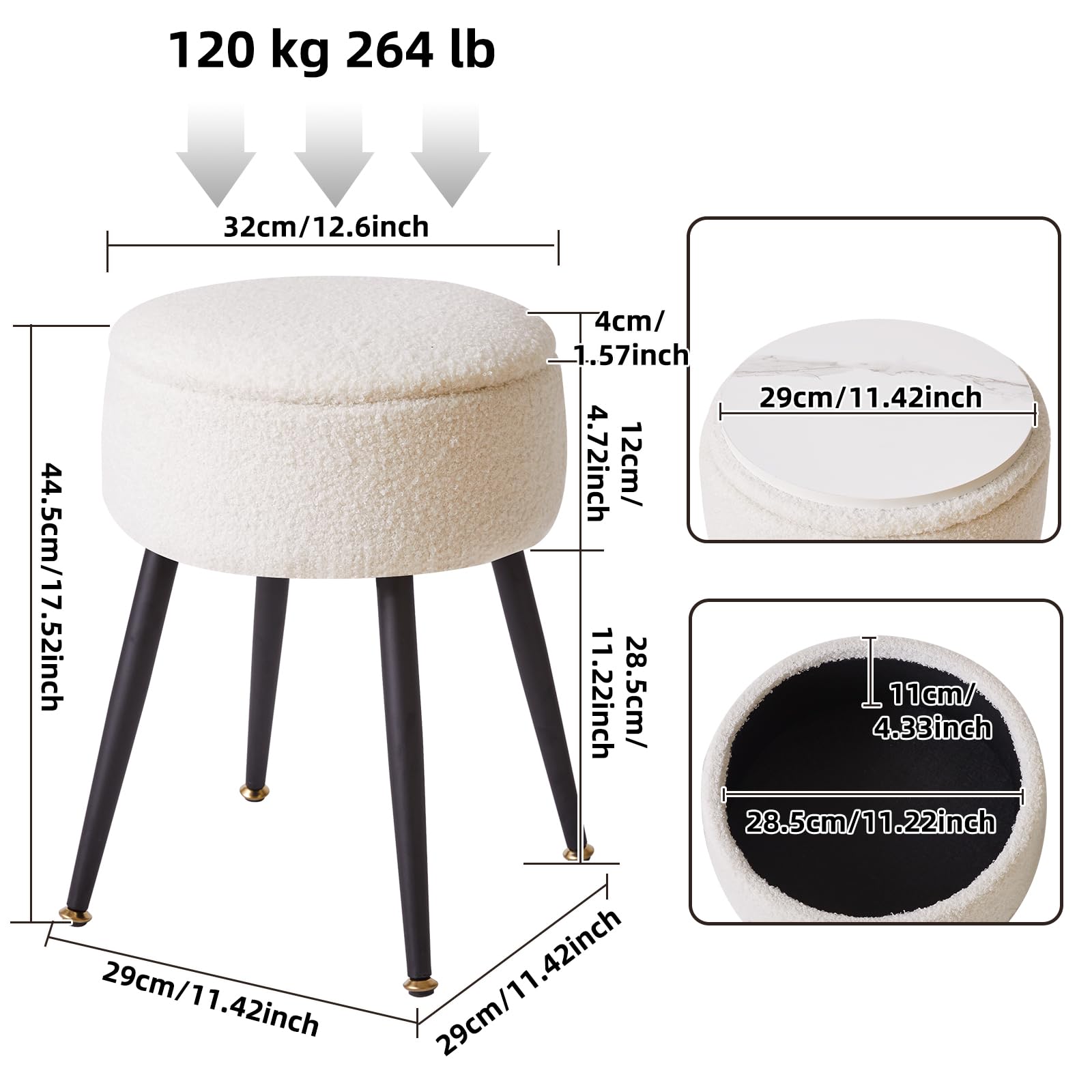 Aibiju Round Storage Vanity Stool | Faux Teddy Fur Makeup Chair with Metal Legs