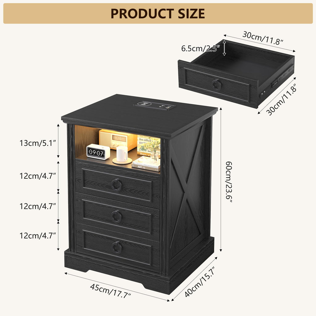FREDEES LED Bedside Table with Charging Station, Black - image 2