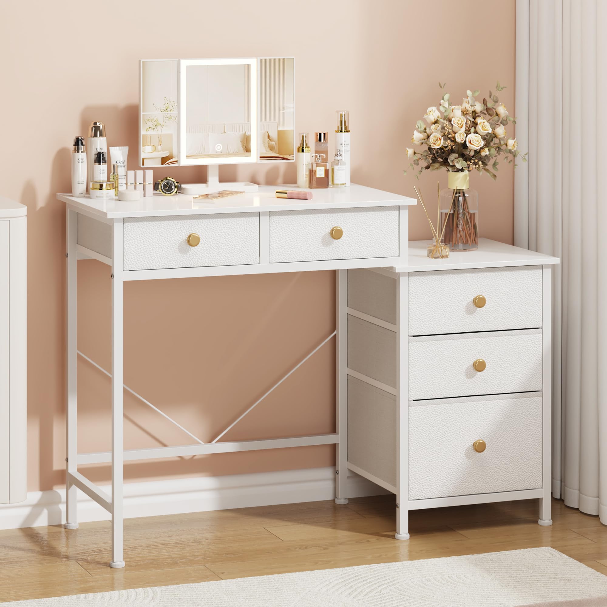 OYRREU Small Vanity Table with Lighted Mirror and 5 Fabric Drawers - White