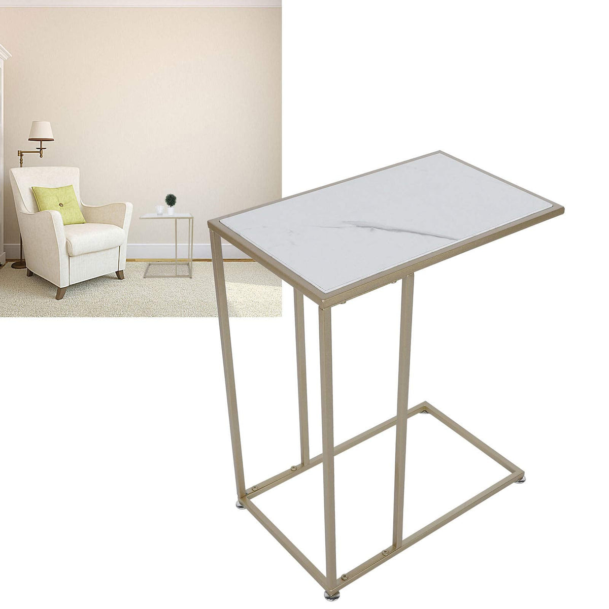 C Shaped Side Table, Sofa End Table with Gold Metal Frame Coffee Snack Table Laptop Holder Table Bedside Table Modern Open Type Under Bed Table Care - image 3