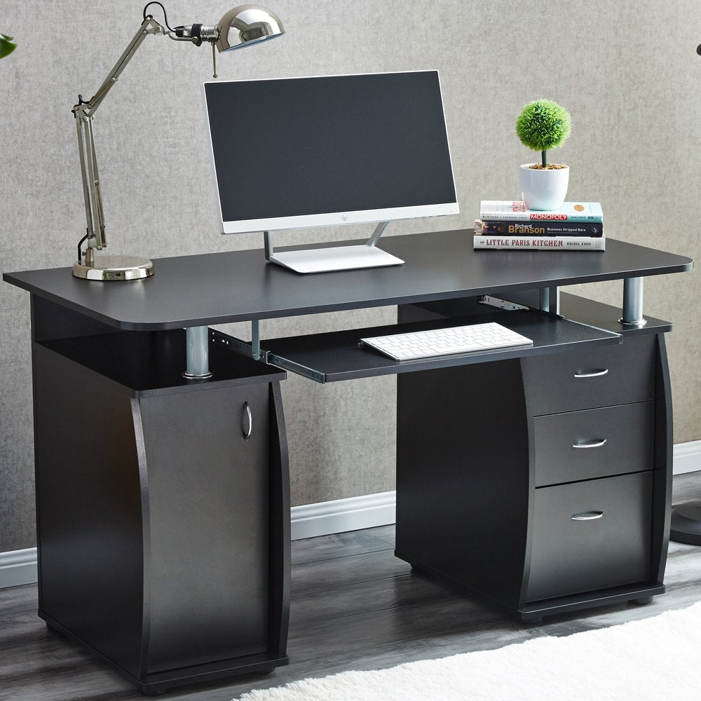 RayGar Black Deluxe Design Computer Desk With Cabinet and 3 Drawers For Home Office Table Workstation - New Black