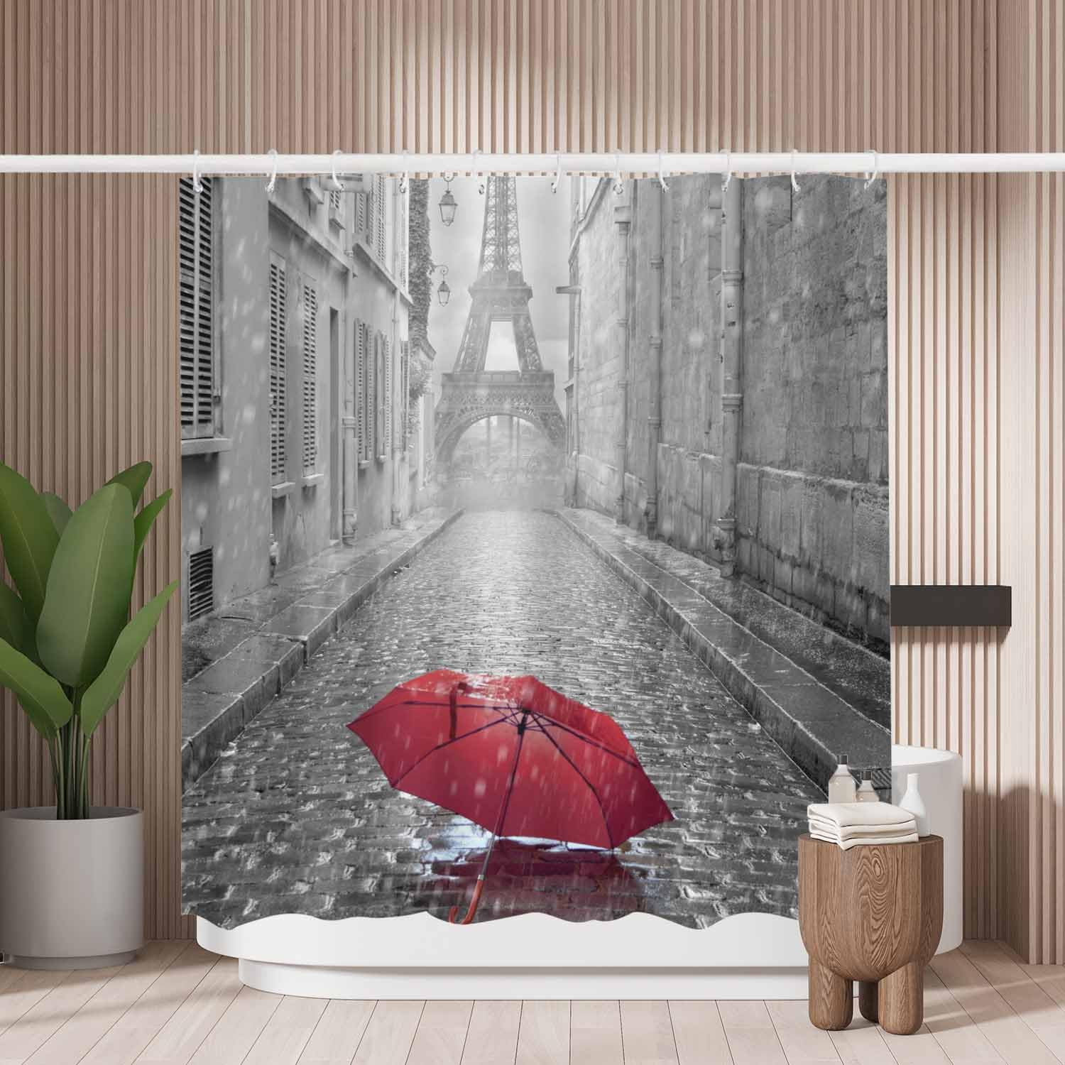 Jolof Store Paris Red Umbrella Shower Curtain – Waterproof Polyester