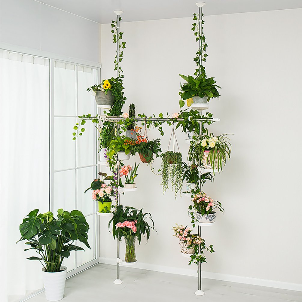 BAOYOUNI Tension Pole Plant Stand | 12-Tray Metal Corner Flower Rack