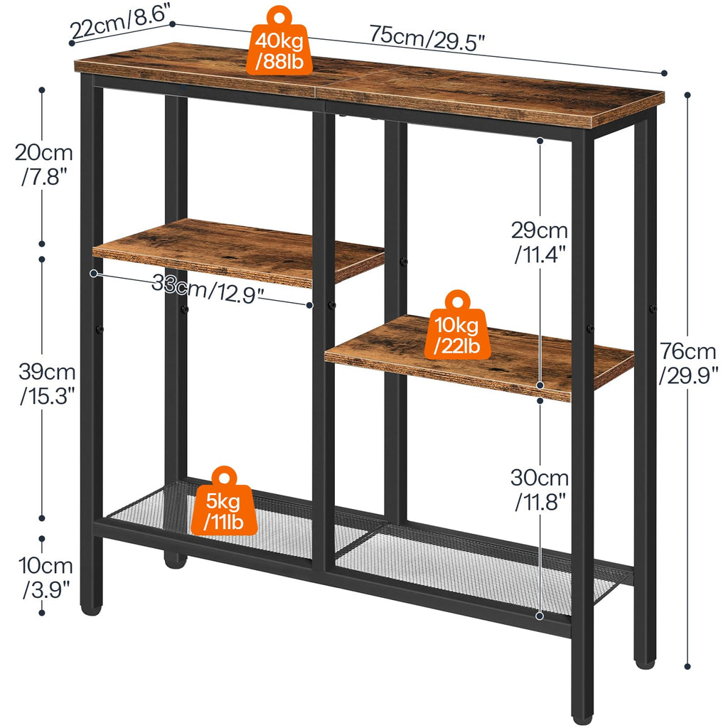 HOOBRO Narrow Console Table – 4-Tier Industrial Sofa Table, Rustic Brown