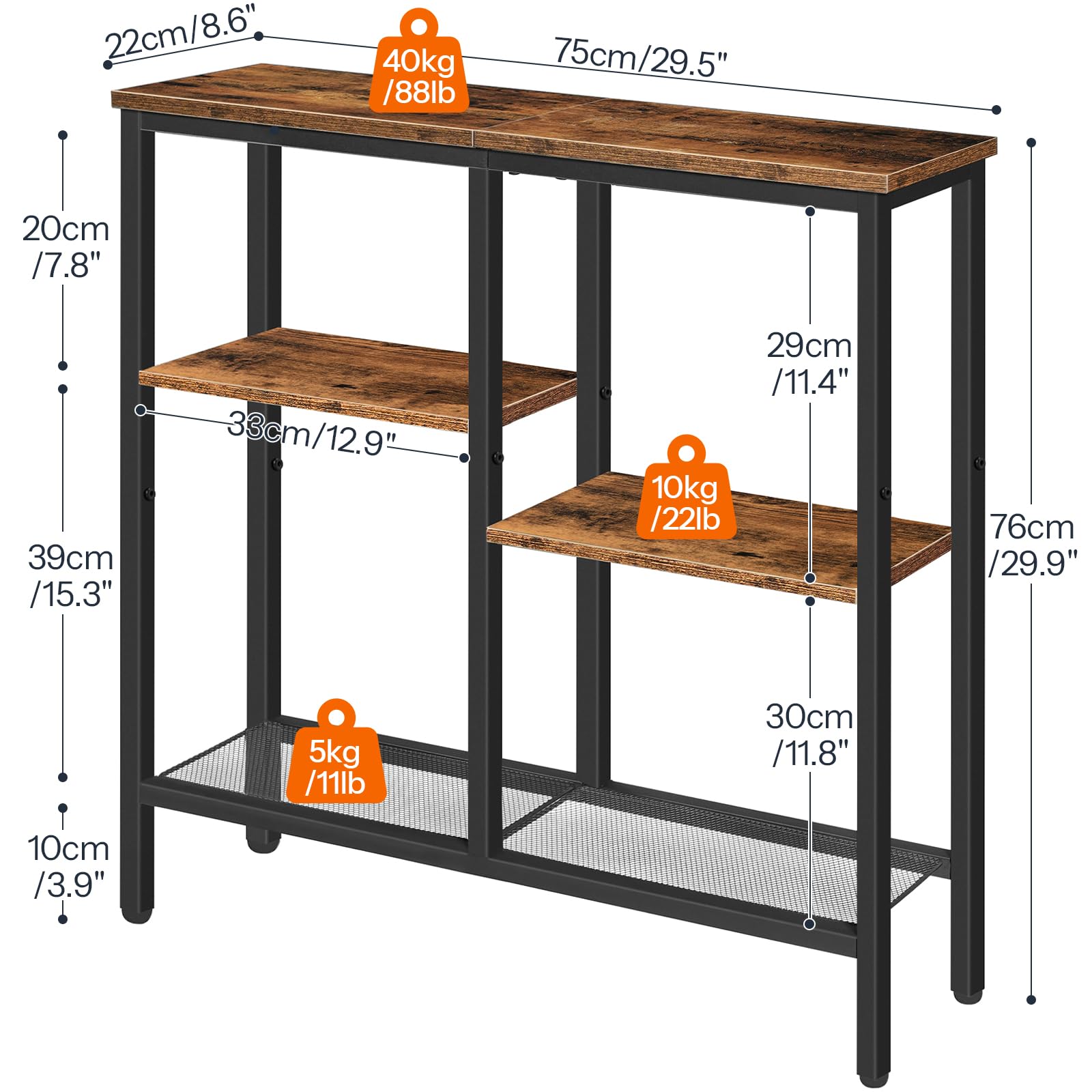 HOOBRO Narrow Console Table – 4-Tier Industrial Sofa Table, Rustic Brown