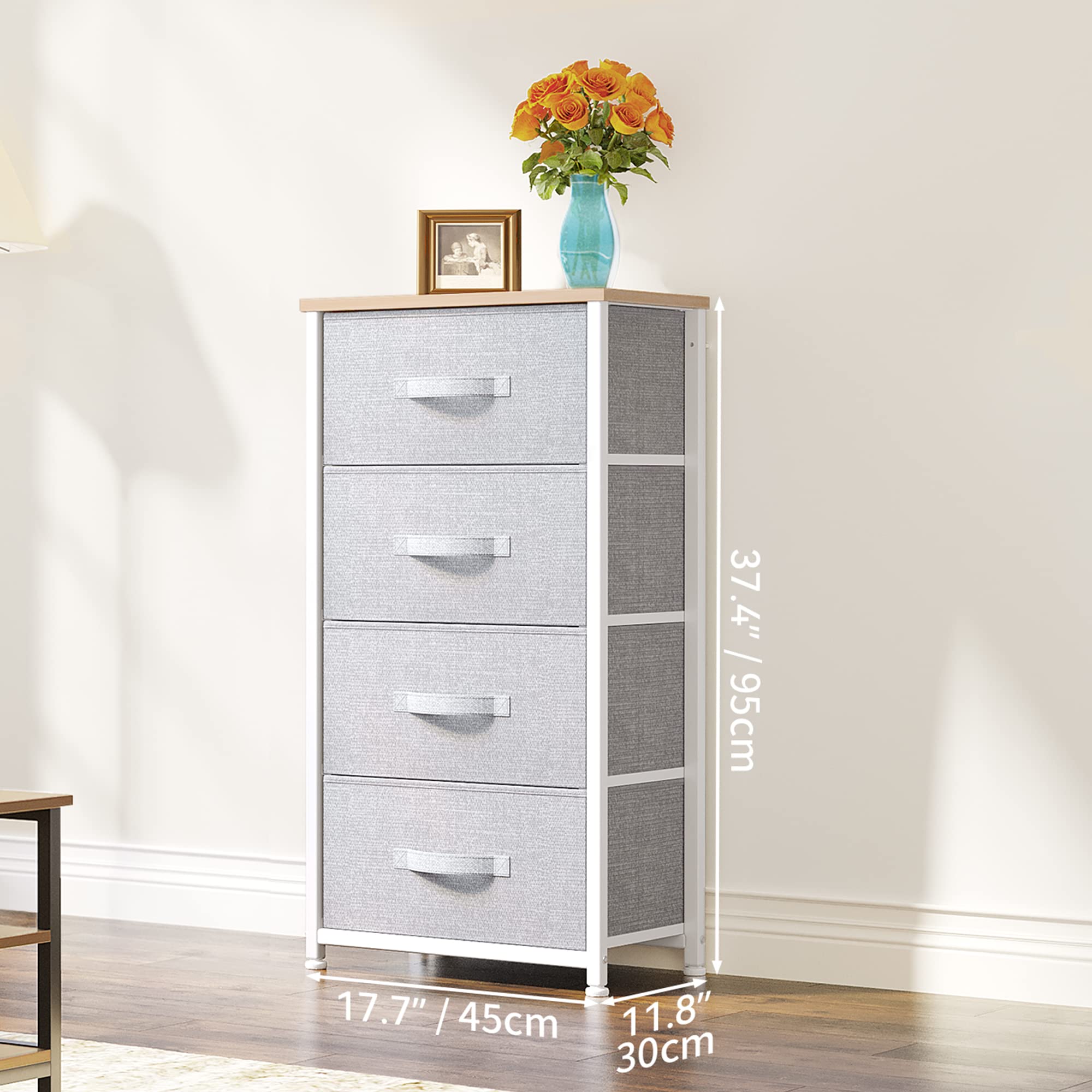 YITAHOME 4-Drawer Fabric Dresser | Storage Chest with Wood Top, Light Grey