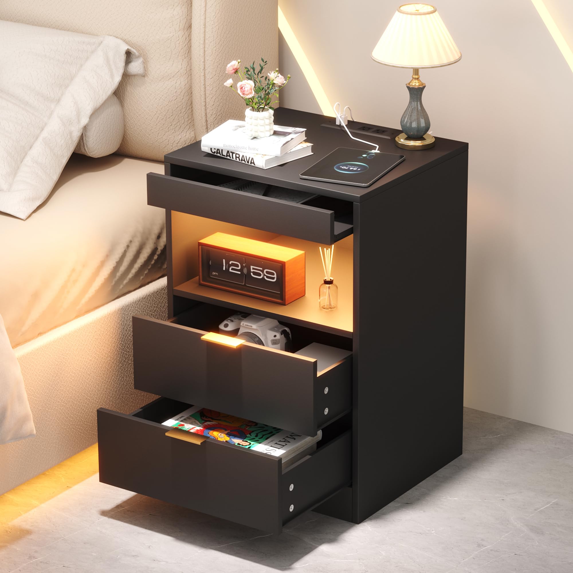 Yusong LED Nightstand with Charging Station | 2-Drawer Modern Bedside Table