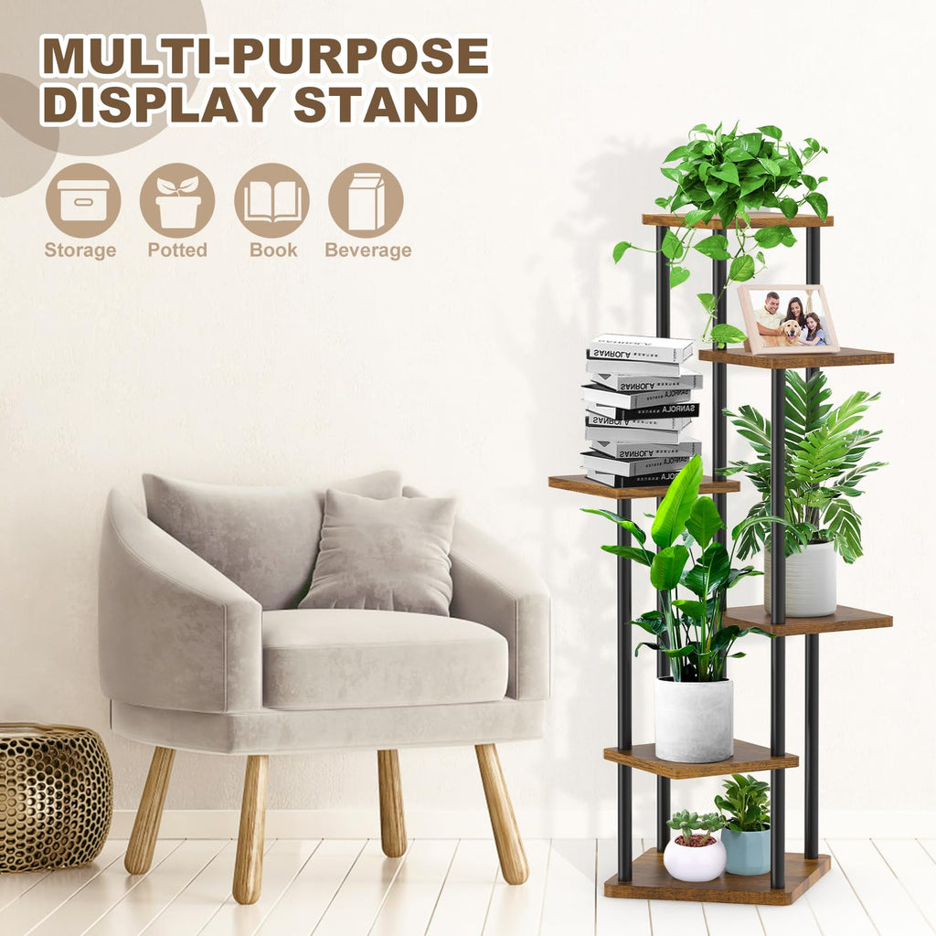 YOCOMEY 6-Tier Wood and Metal Plant Stand – Tall Indoor Corner Flower Rack