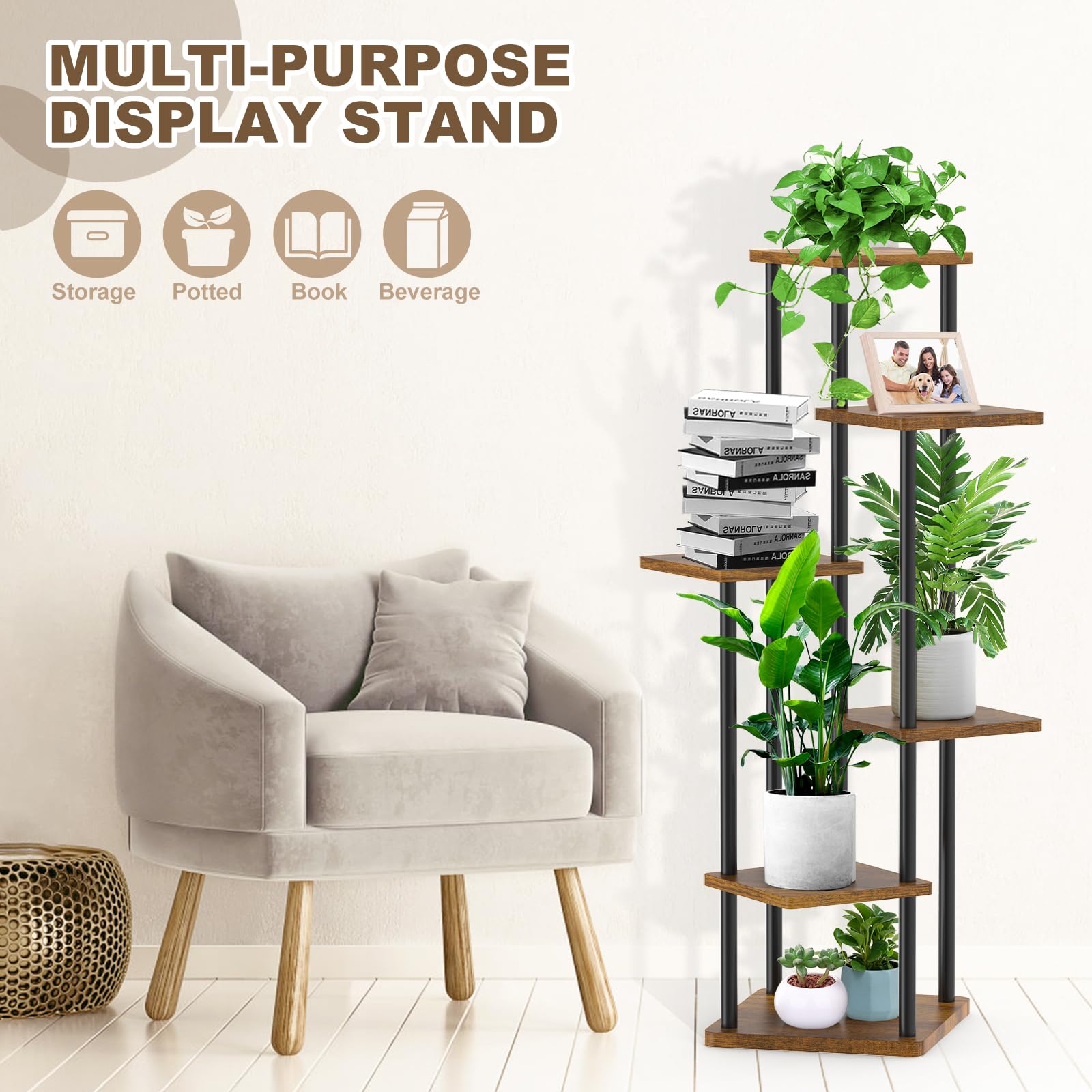 YOCOMEY 6-Tier Wood and Metal Plant Stand – Tall Indoor Corner Flower Rack