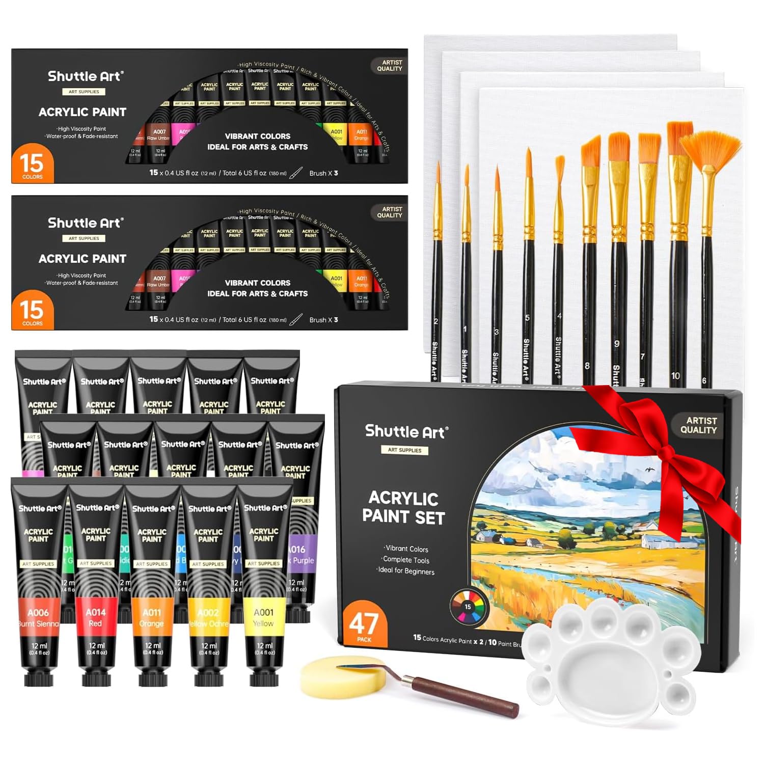 Shuttle Art 47 Pack Acrylic Paint Set - 15 Colors with Brushes & Canvas