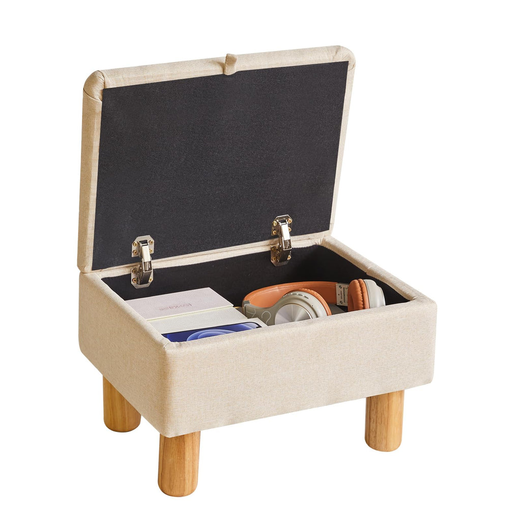 Aibiju Small Storage Ottoman – Linen Fabric Footstool with Wooden Legs