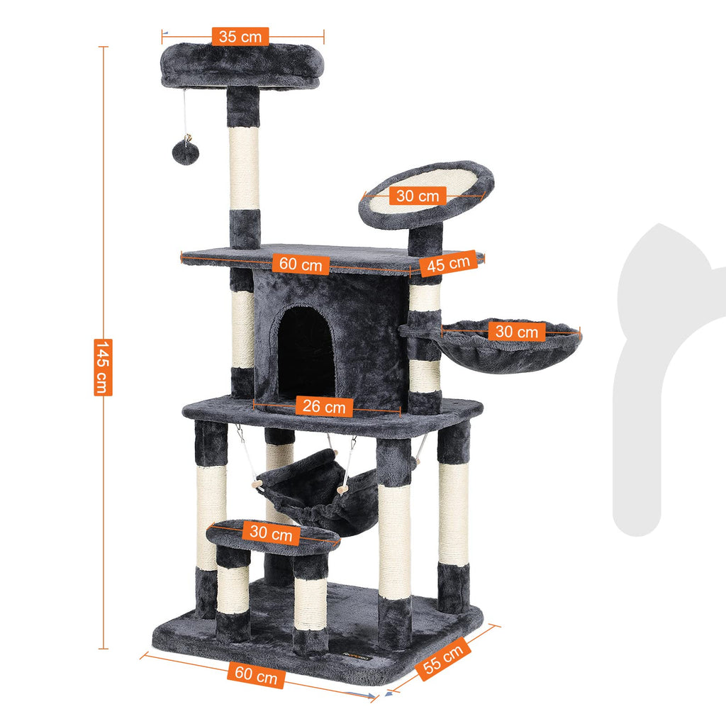 FEANDREA Multi-Level Cat Tree | 145cm Cat Tower with Sisal Scratching Pad