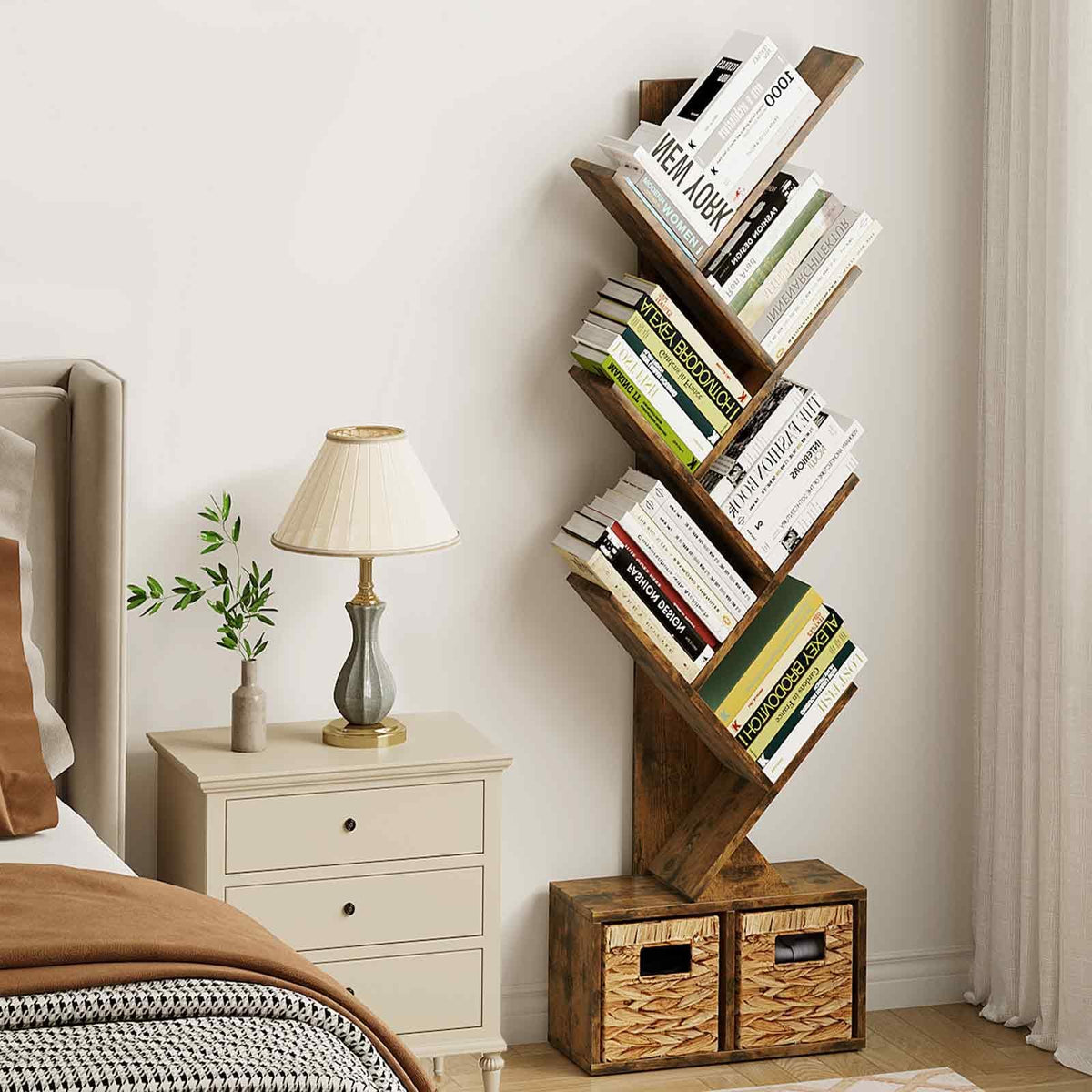 Vagusicc 6 Tier Tree Bookshelf with 2 Storage Baskets, Tall Display Shelf Organizer for Books, Magazines, Home Decor - image 4