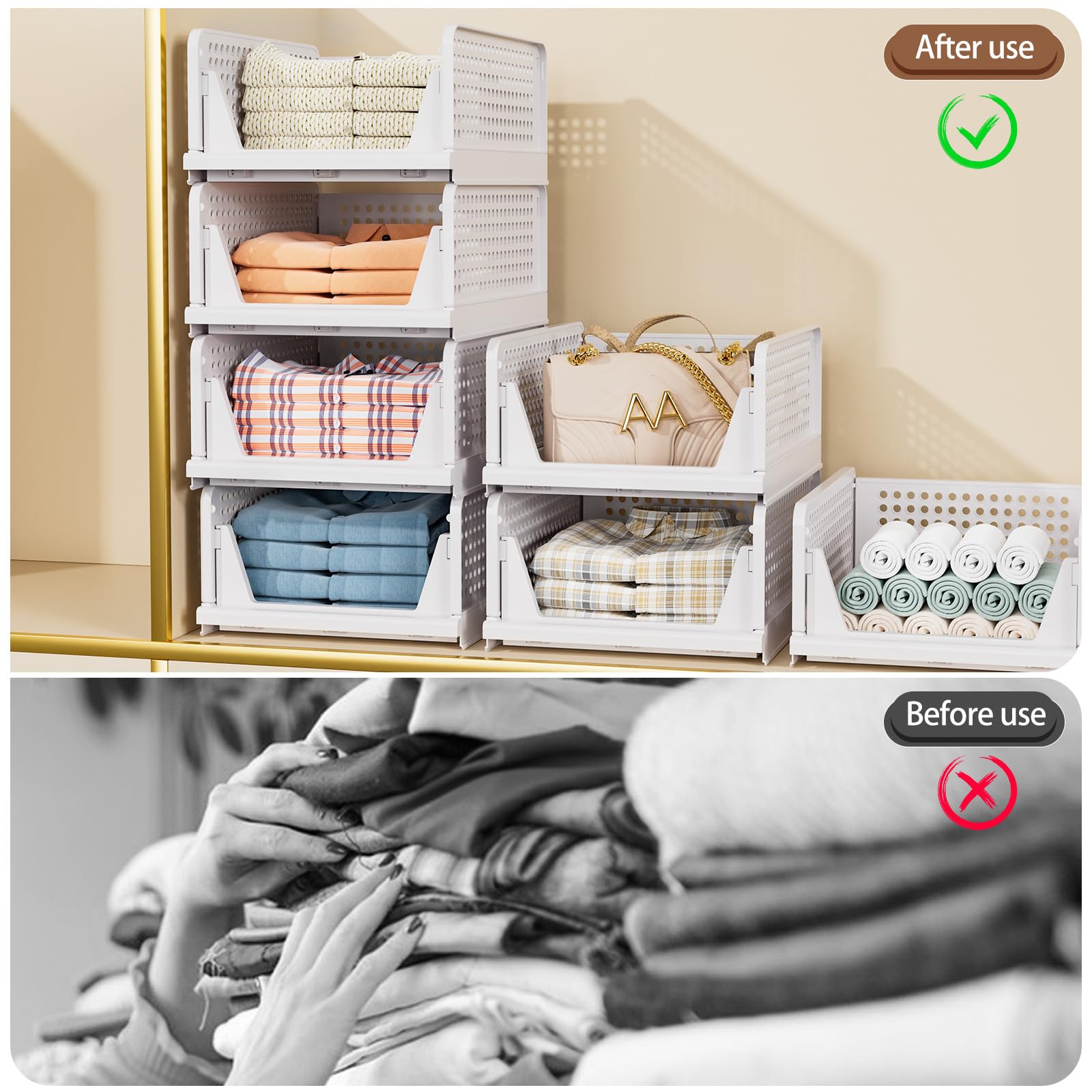 TidyIsles 8 Pack Stackable Closet Storage Baskets – White Plastic Bins