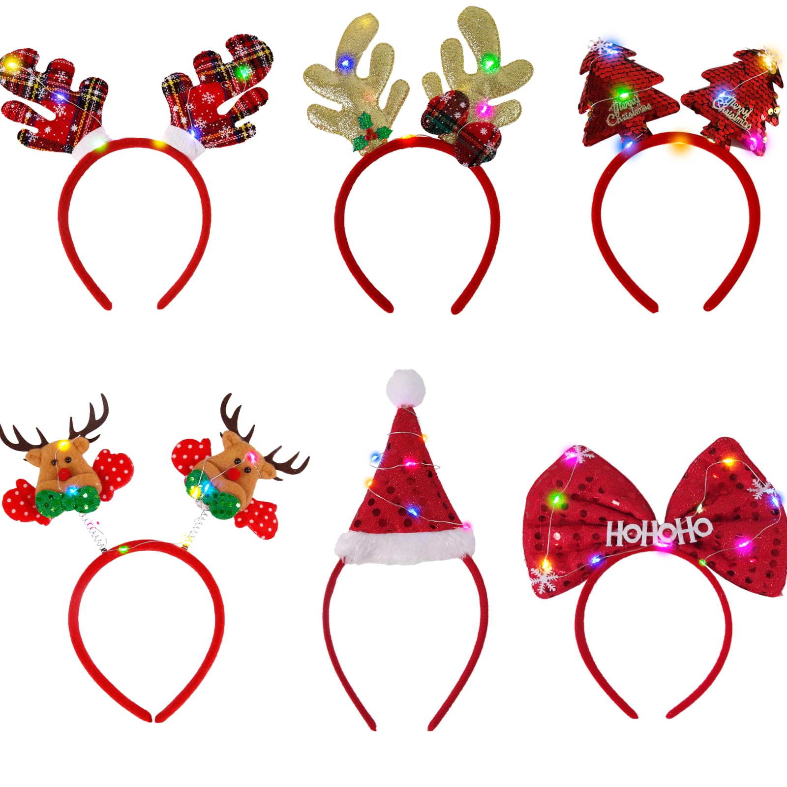 Jolof Store 6PCS LED Christmas Headbands – Light Up Reindeer Antler Boppers