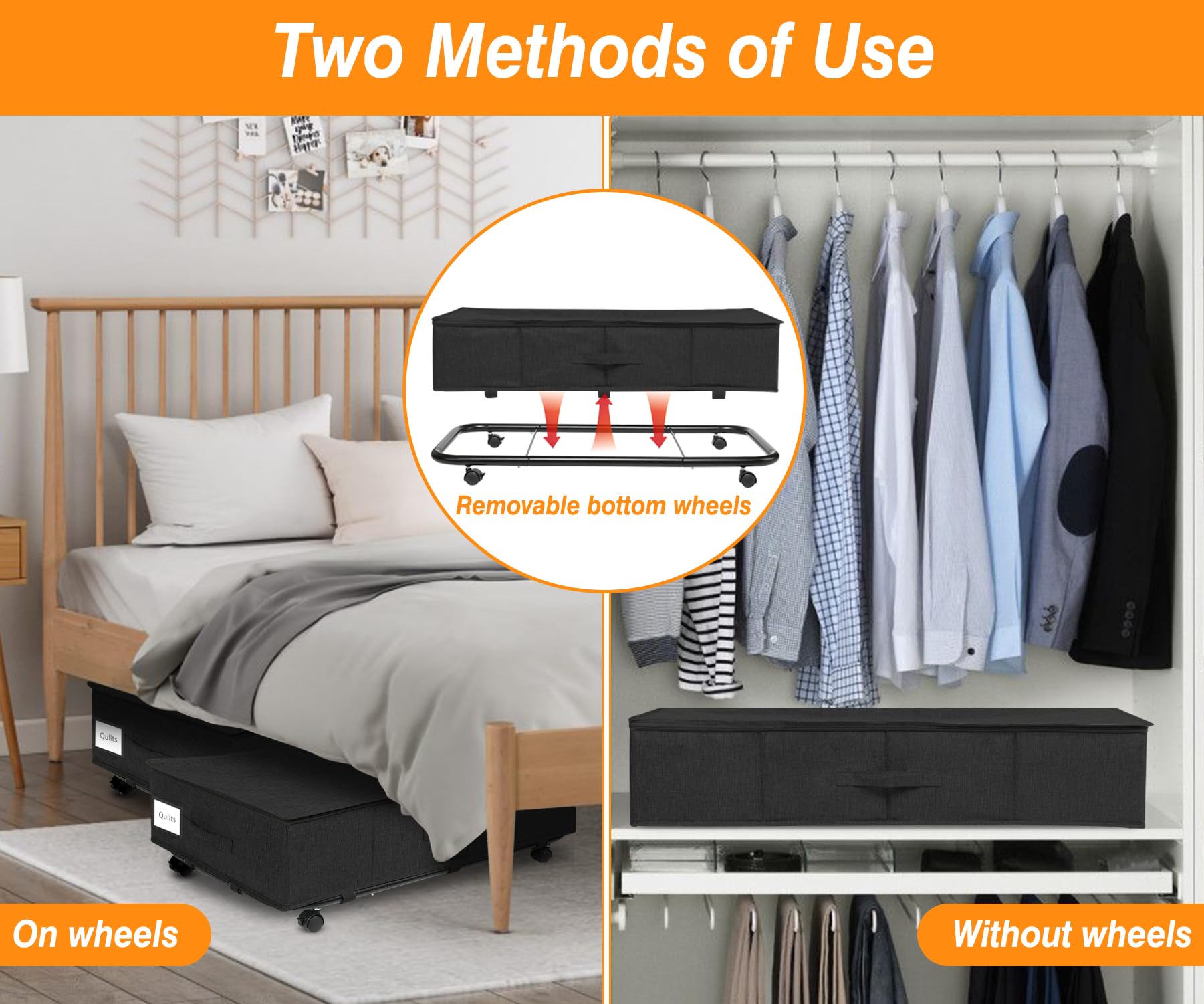 Huquter Underbed Storage on Wheels | 2-Pack 50L Foldable Metal Bins