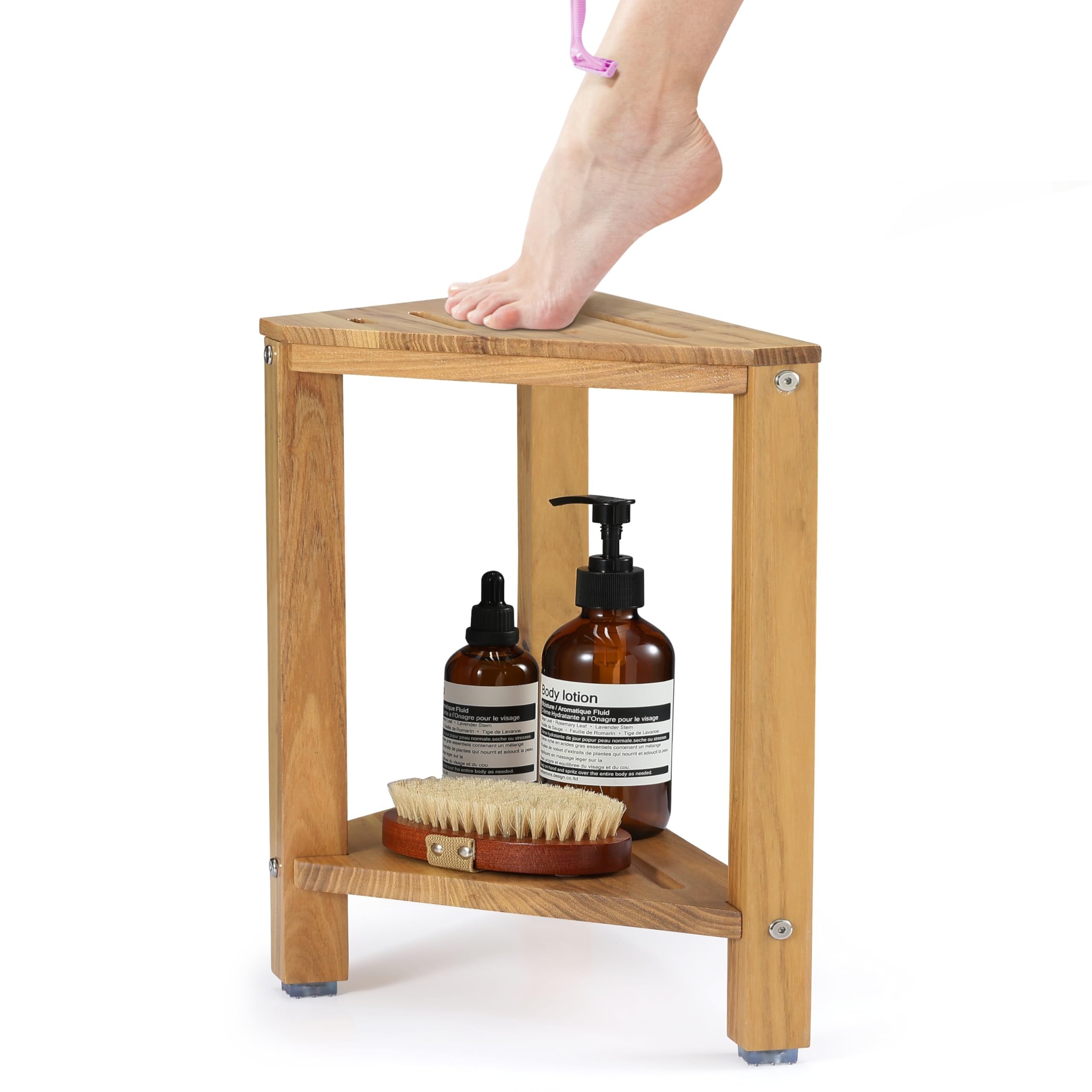 PERFNIQUE Teak Shower Stool – Waterproof Corner Foot Rest for Shaving