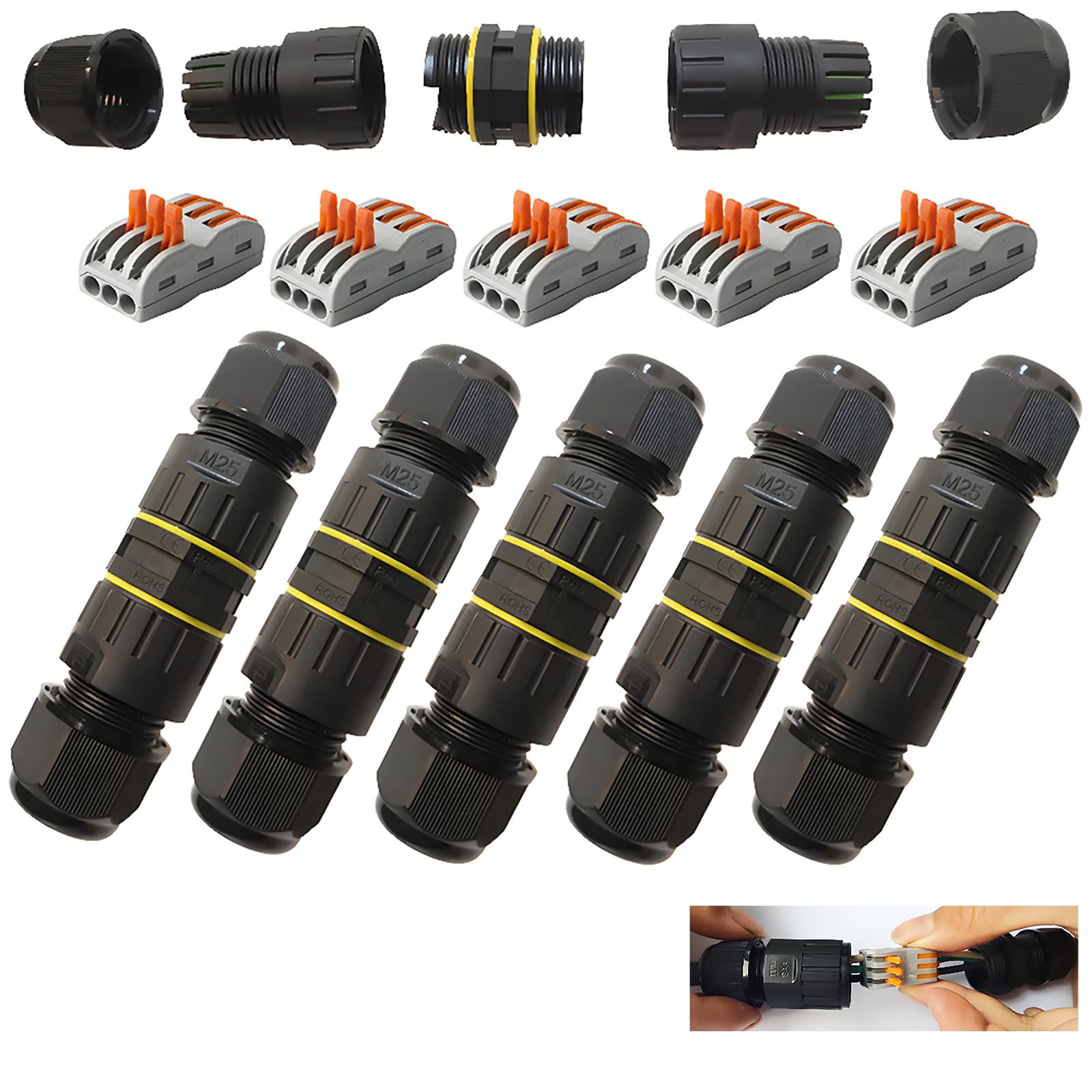 CESFONJER IP68 Waterproof 3-Way Junction Box – M25 Cable Connector (5 PCS)