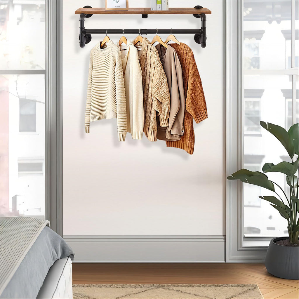 Industrial Pipe Clothes Rack with Wood Shelf – 70cm Wall Mount