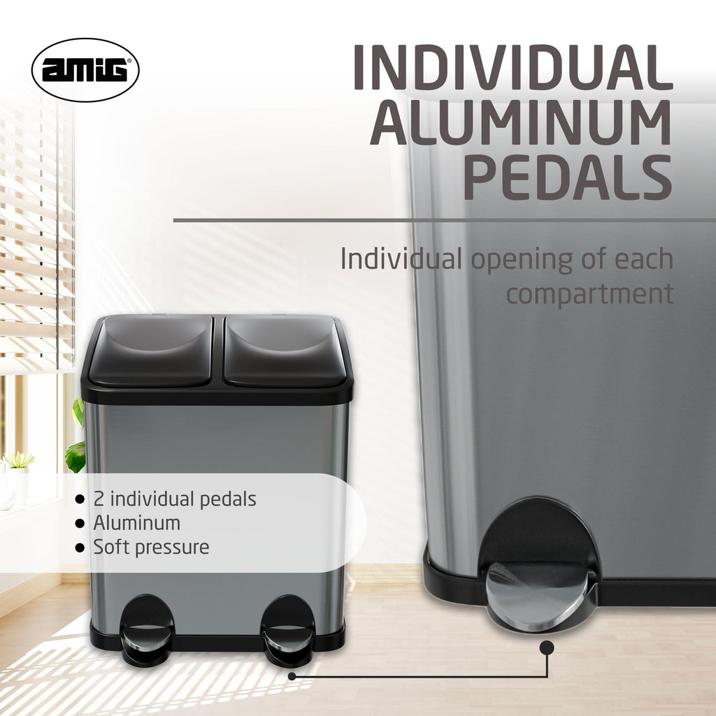 Amig RECIK2 Double Recycling Bin | 30L Stainless Steel Pedal Bin