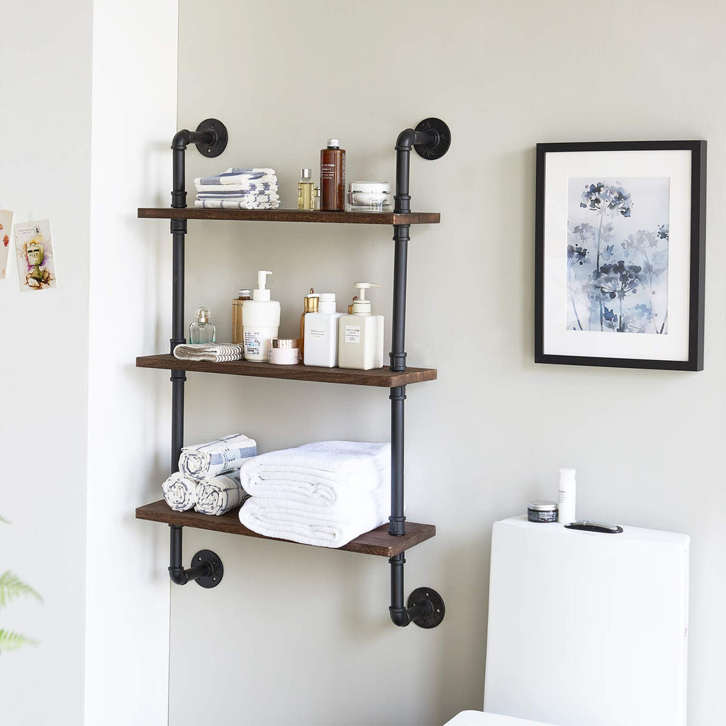 IBUYKE Industrial Pipe Floating Shelves | 3-Tier Wood Wall Storage