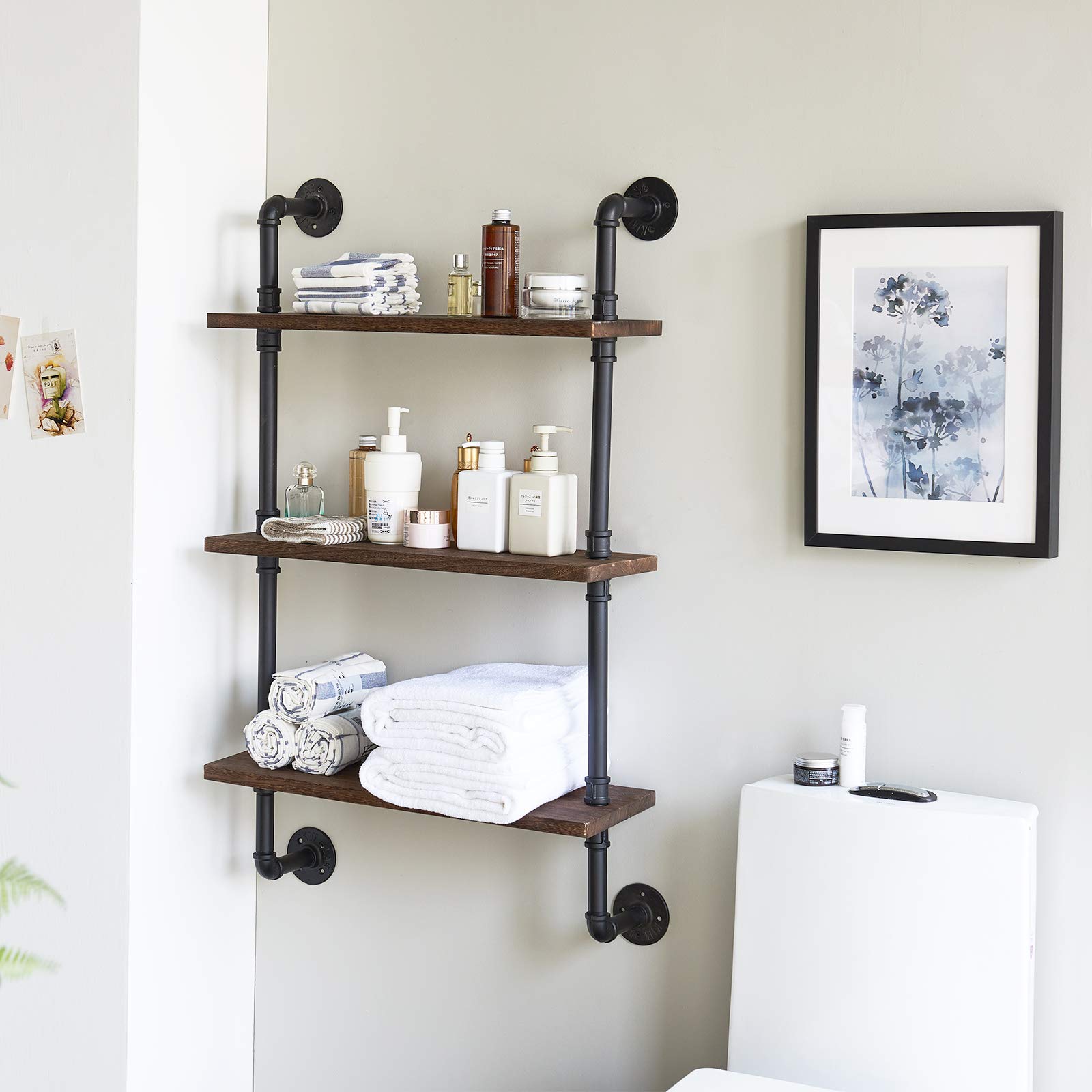 IBUYKE Industrial Pipe Floating Shelves | 3-Tier Wood Wall Storage