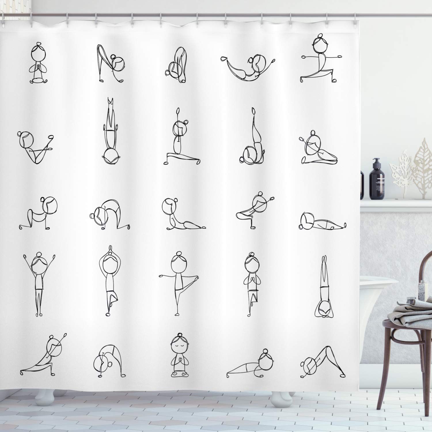 ABAKUHAUS Yoga Shower Curtain – Waterproof Fabric Stickman Art Decor
