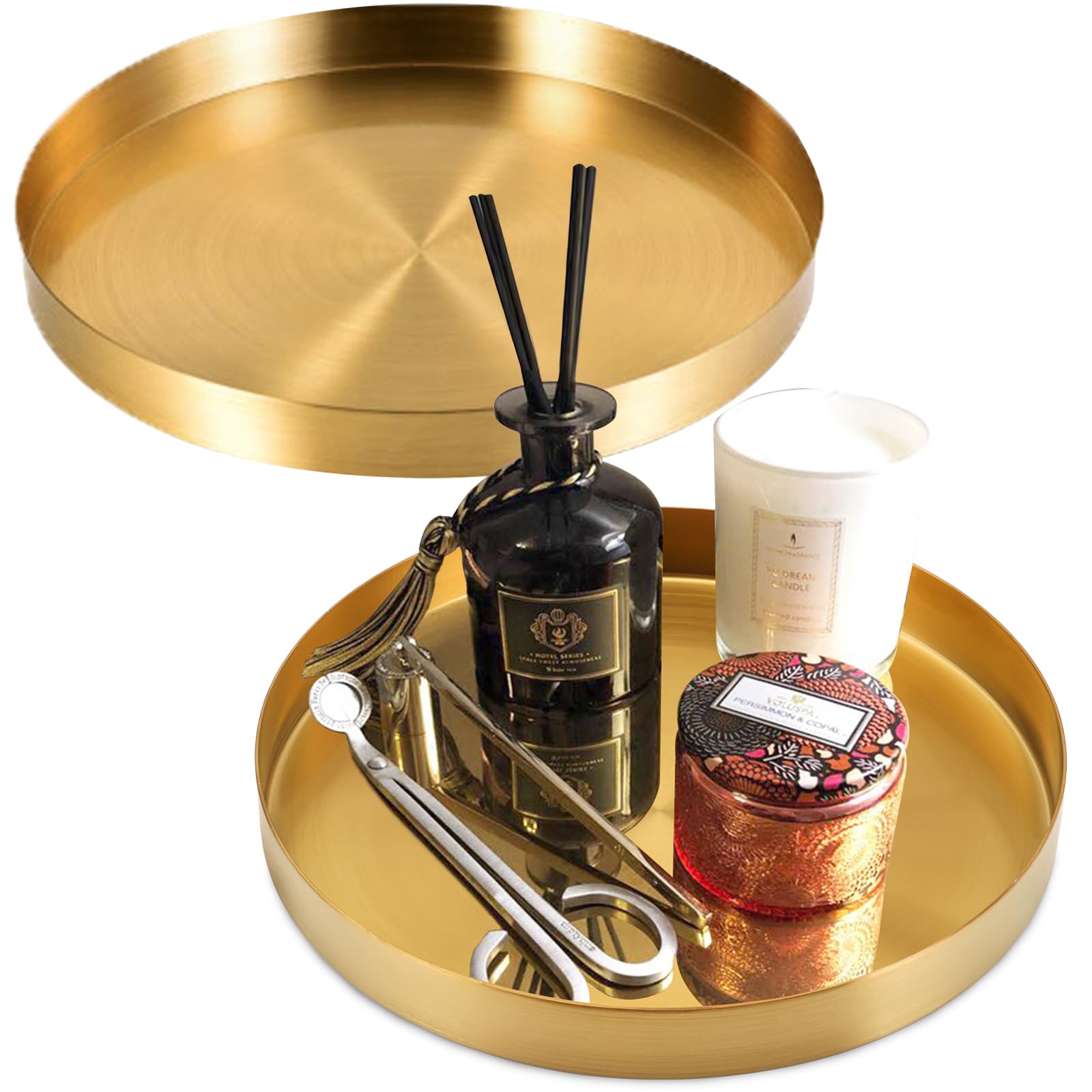 Jucoan 2-Pack 20cm Round Gold Serving Tray | Metal Vanity Organizer