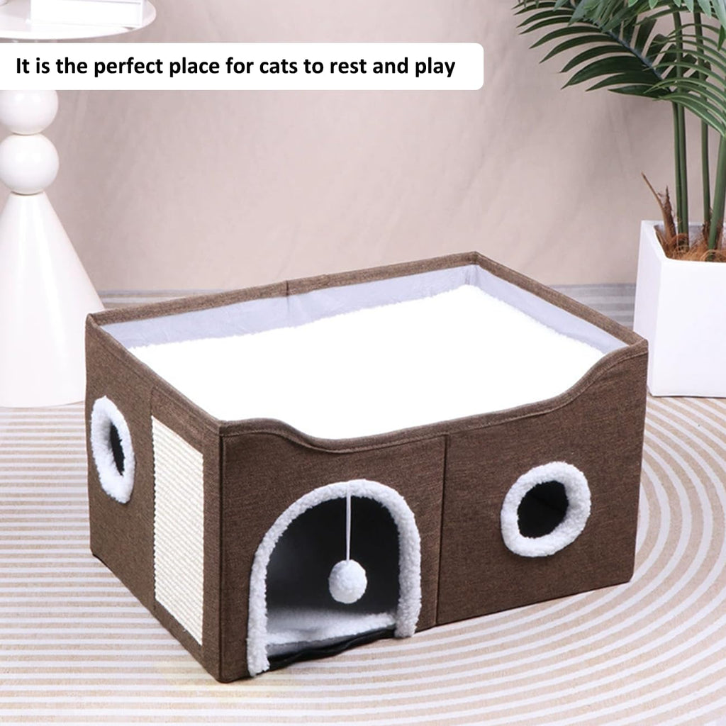 ERNAN Foldable Cat House – 2-Tier Indoor Cave Bed with Scratching Board