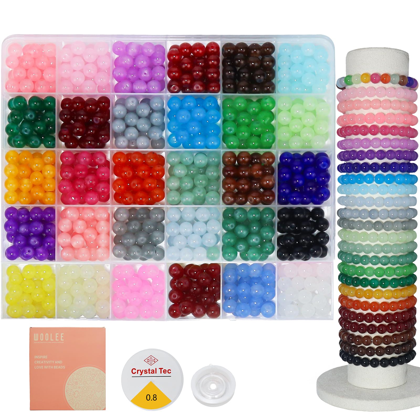 WOOLEE 750Pcs Glass Beads Bracelet Making Kit | 30 Colors 8mm Crystal Set