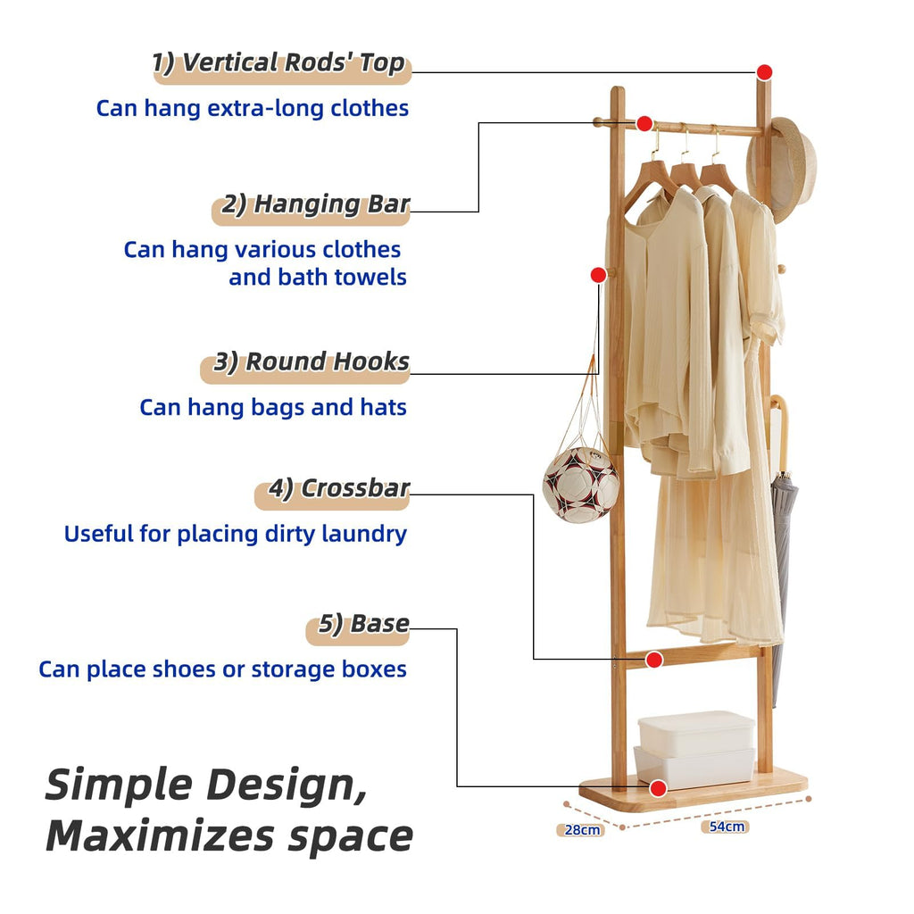 Aibiju 180cm Wooden Free Standing Coat Rack with 5 Hooks - Natural Wood