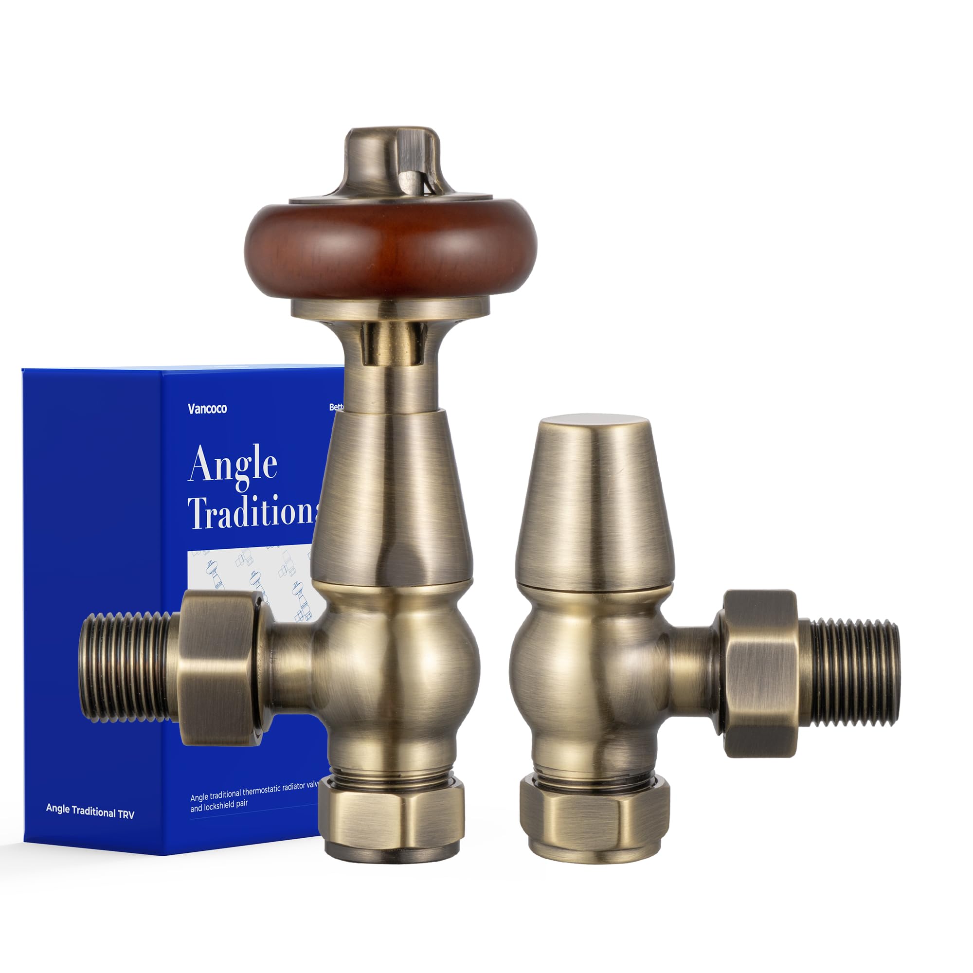 VANCOCO Antique Brass Thermostatic Radiator Valves - 1/2" Angled TRV Pair