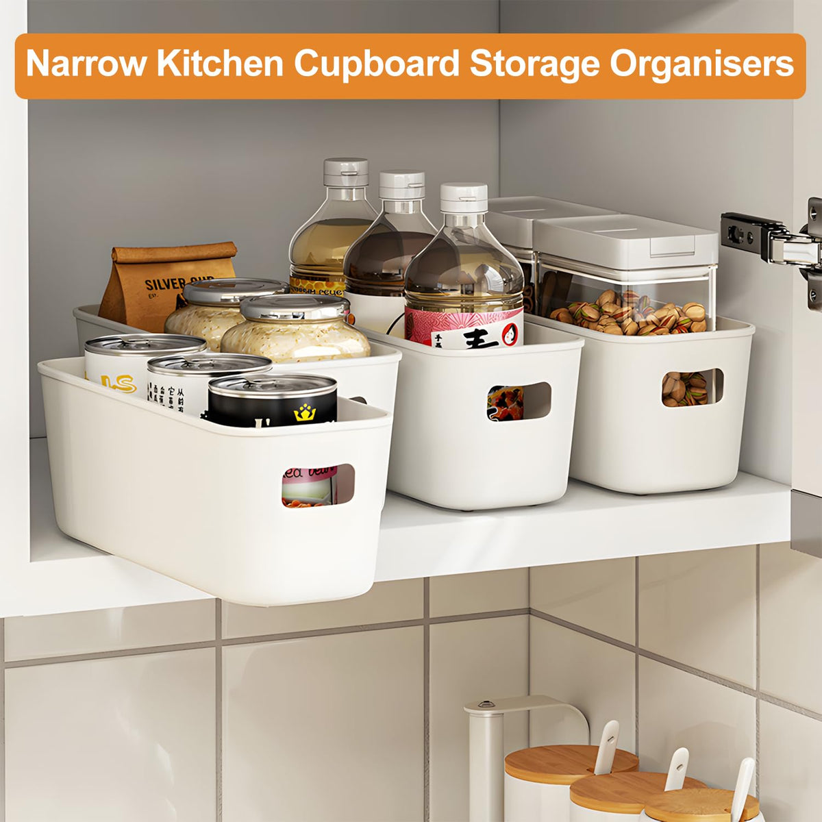 imatenn 8 pack Narrow Storage Box, Plastic Storage Baskets for Shelves, Slim Kitchen Cupboard Organiser Storage Boxes for Bathroom Cabinet, Drawers - image 2