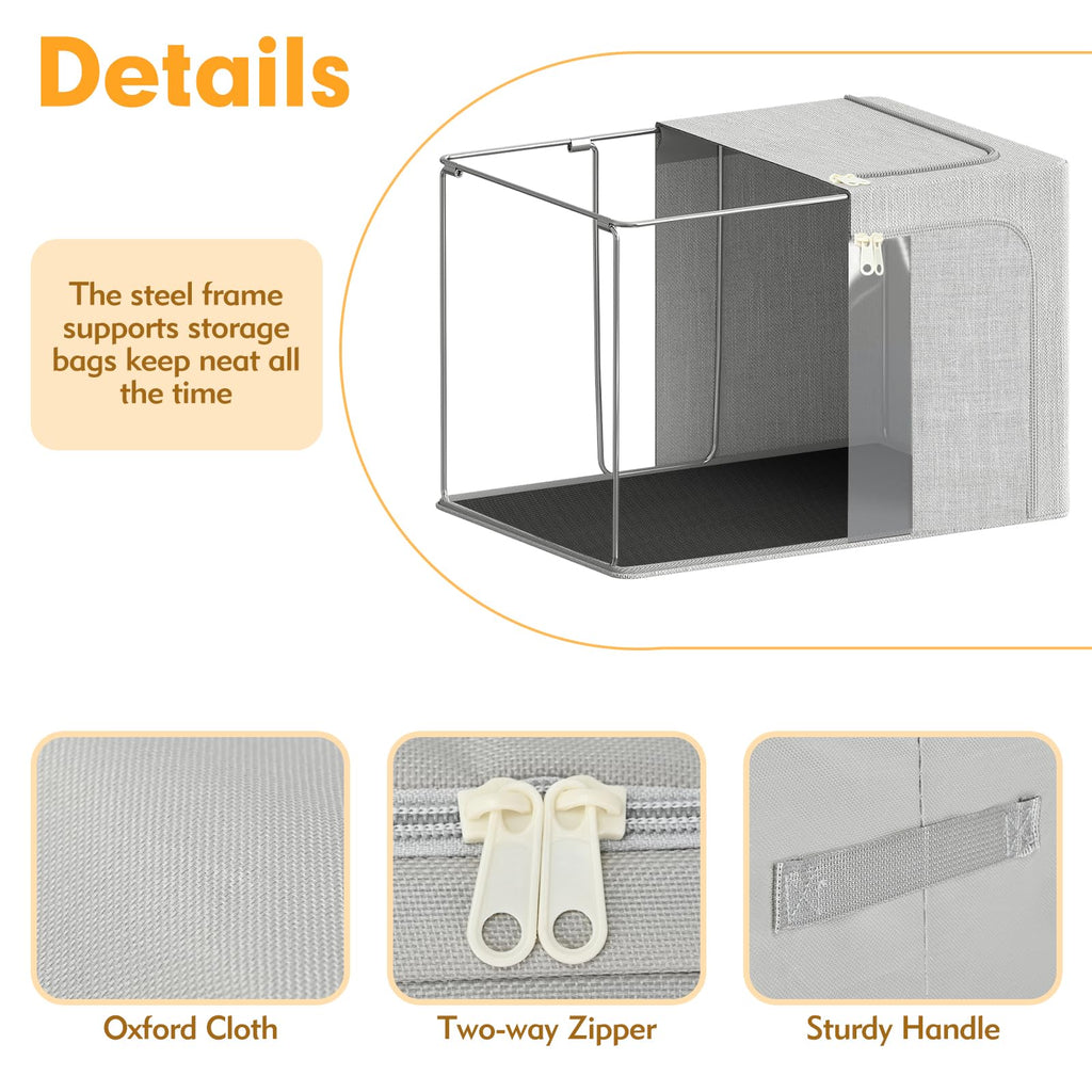 AIOR 2PCS 66L Clothes Storage Bags with Metal Frame, Foldable Fabric Storage Boxes with Clear Windows for Blankets Bedding Comforters - image 3