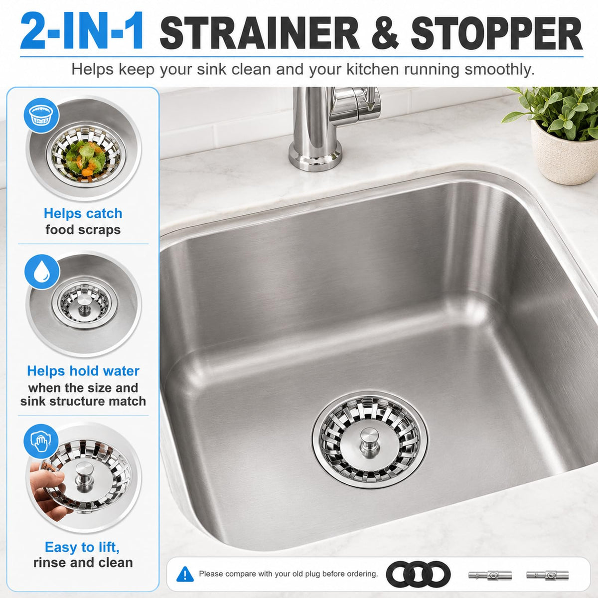 Kitchen Sink Plug Strainer, Stainless Steel Sink Plug Replacement for Approx. 83mm Old Plug Size, Actual Top Diameter Approx. 83mm - image 3