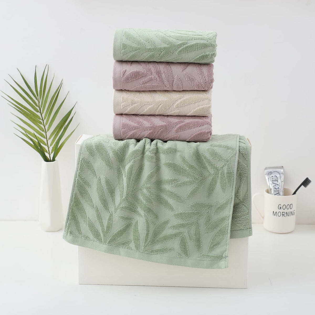 Pidada Hand Towels Set of 4 Leaf Pattern 100% Cotton Absorbent Soft Decorative Towel for Bathroom Light Brown - image 3