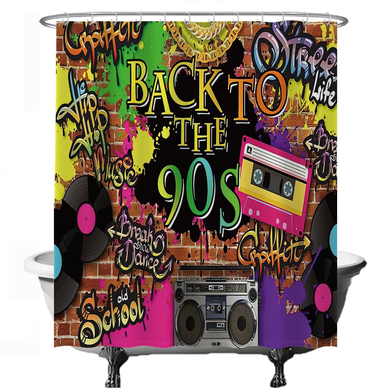 Ulticool 90s Vintage Graffiti Shower Curtain – 180x200cm Anti-Mould