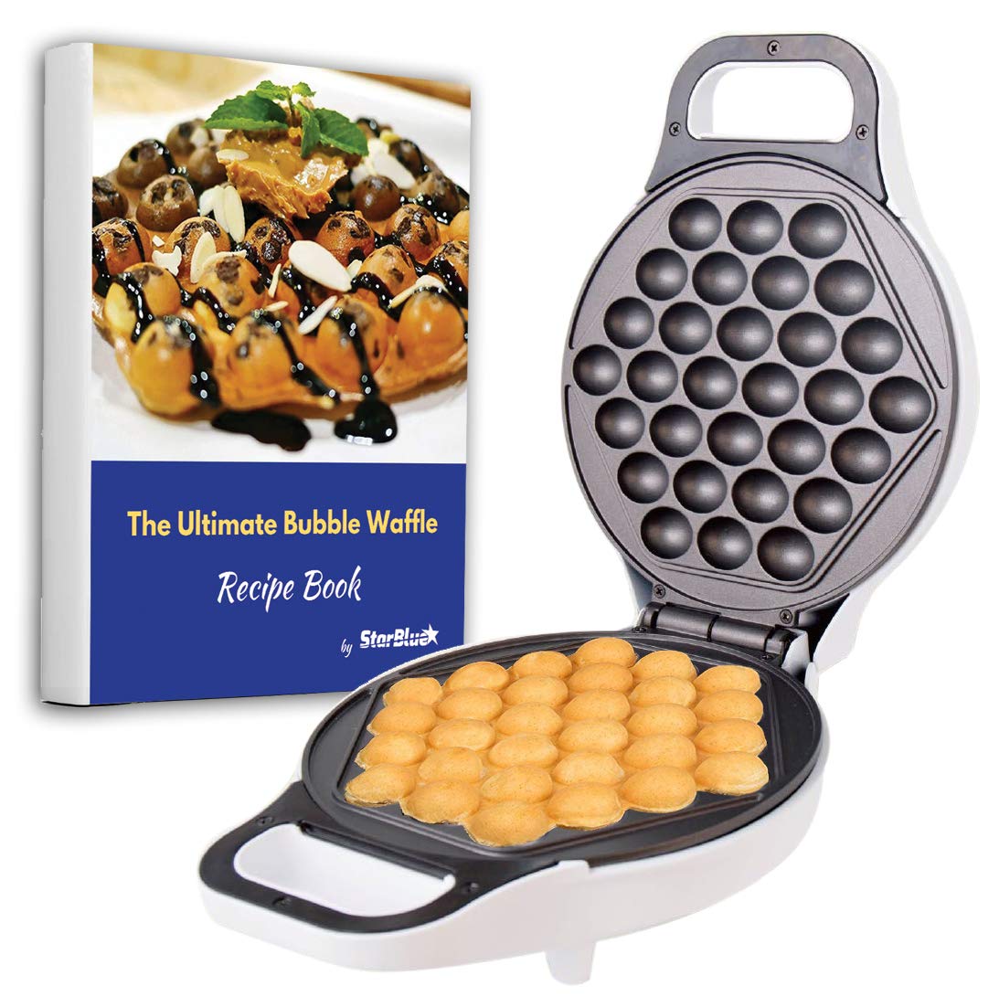 StarBlue Hong Kong Bubble Egg Waffle Maker with Recipe Book – White