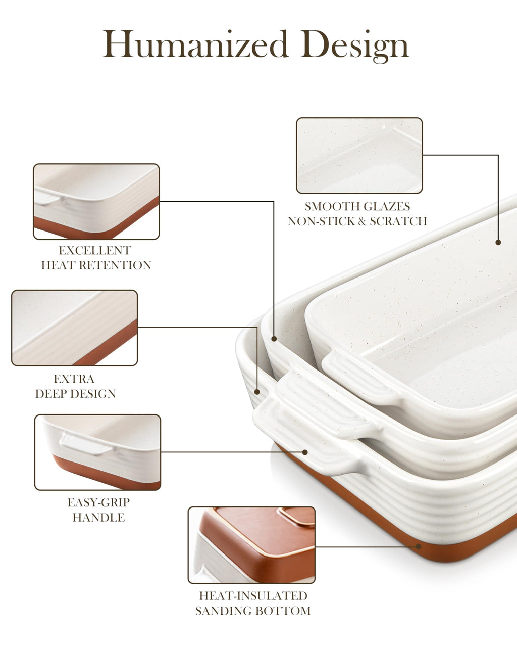 MALACASA Ceramic Casserole Dishes - 3-Piece Rectangular Baking Pan Set, Khaki