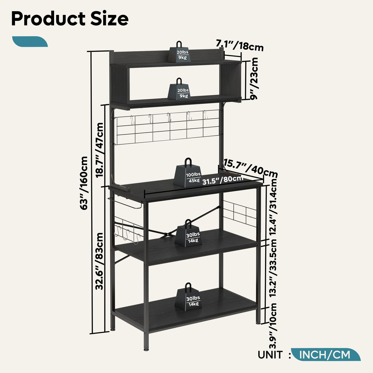 Bestier 80cm Bread Rack & Microwave Rack with 4 Shelves, Multi-functional Coffee Bar Shelf, 8 Side Hooks, Open Shelf Suitable for Kitchens - image 3