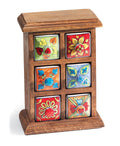 Jolof Store Mango Wood Spice Chest | 6 Hand Painted Ceramic Drawers