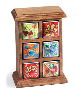 Jolof Store Mango Wood Spice Chest | 6 Hand Painted Ceramic Drawers