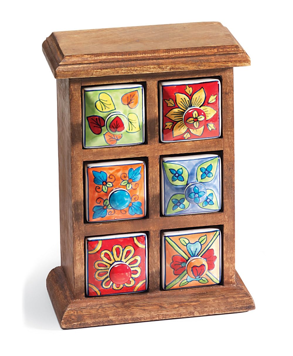 Jolof Store Mango Wood Spice Chest | 6 Hand Painted Ceramic Drawers